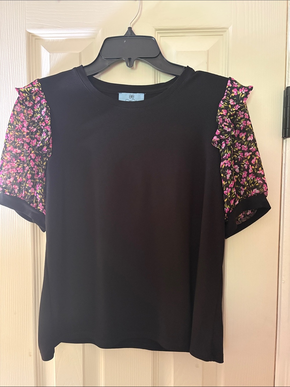 CeCe Black Tee with Pink Floral Ruffle Sleeves